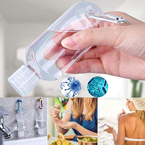 Botellas recargables de 50 ml, 10 unidades de envases vacíos transparentes portátiles, tapa abatible de plástico a prueba de fugas con gancho mosquetón clip , para cosméticos, camping al aire libre