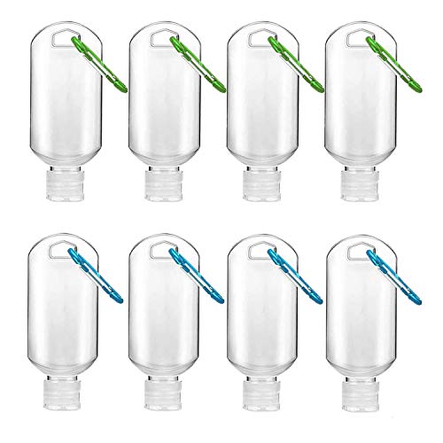 Botellas recargables de 50 ml, 8 unidades de envases vacíos transparentes portátiles, tapa abatible de plástico a prueba de fugas con gancho mosquetón clip , para cosméticos, camping al aire libre