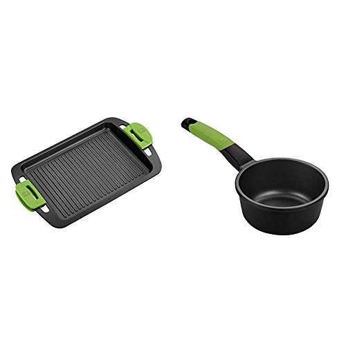 BRA Plancha Asar, Negro, 40 cm + PRIOR - Cazo, 16 cm, aluminio fundido con antiadherente Teflon Classic, apto para todo tipo de cocinas incluida inducción y horno.Libre de PFOA.