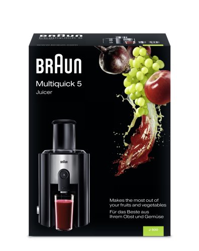 Braun J500 Multiquick Juicer - Licuadora Exprimidor, 900w, surtidor anti-salpicaduras, jarra de zumo 1,25 l, acero inoxidable, negro/plata, 38,1 x 51,1 x 26,4 cm