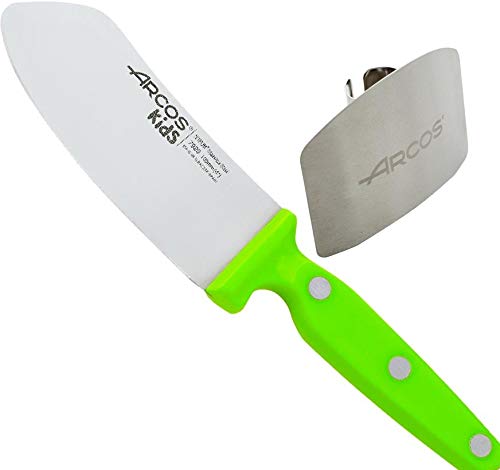 Bricolemar Juego de Cuchillo de Cocina Arcos Kids para niño de 100mm Verde + Protector de Dedos para Cortar con Cuchillo Arcos Kabra