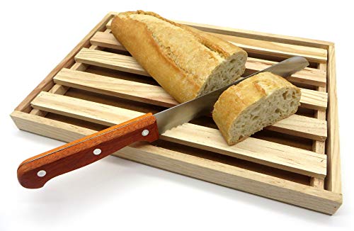 Buabi Tabla Cortar Pan con Recogemigas. Cortapan de Madera con Rejilla extraíble. Incluye Cuchillo y práctica Bolsa de Regalo