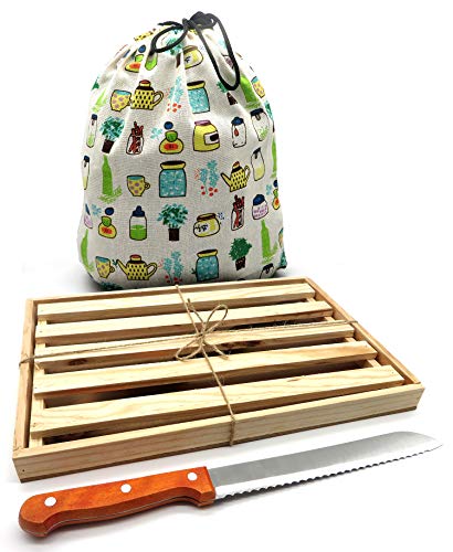 Buabi Tabla Cortar Pan con Recogemigas. Cortapan de Madera con Rejilla extraíble. Incluye Cuchillo y práctica Bolsa de Regalo