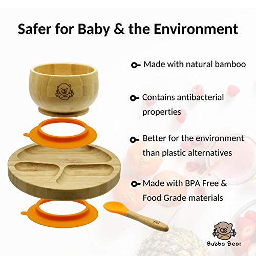 Bubba Bear ® Juego de ventosas, platos y cucharas para bebés pequeños | Guía gratuita de Bubba Bear para el destete eBook | Stay Put Bowl y plato de alimentación | Hecho con bambú natural (naranja)