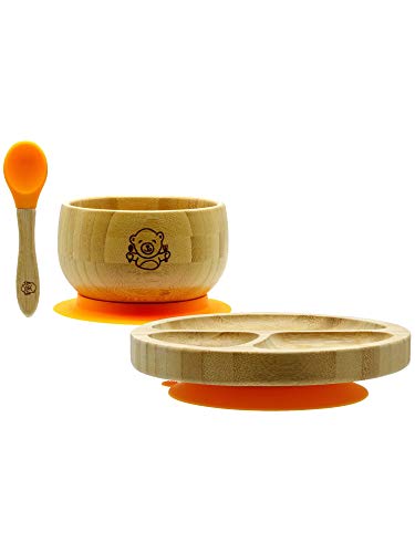 Bubba Bear ® Juego de ventosas, platos y cucharas para bebés pequeños | Guía gratuita de Bubba Bear para el destete eBook | Stay Put Bowl y plato de alimentación | Hecho con bambú natural (naranja)