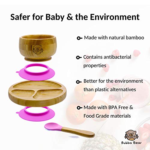 Bubba Bear ® Juego de ventosas, platos y cucharas para bebés pequeños | Guía gratuita de Bubba Bear para el destete eBook | Stay Put Bowl y plato de alimentación | Hecho con bambú natural