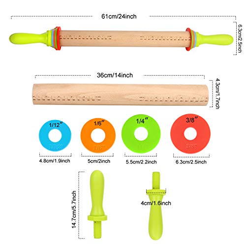 BYbrutek - Rodillo Cocina Ajustable, con 4 Anillos y Mango Extraíbles, Accesorios para Hornear Antiadherentes, de Madera de Haya, 36 cm
