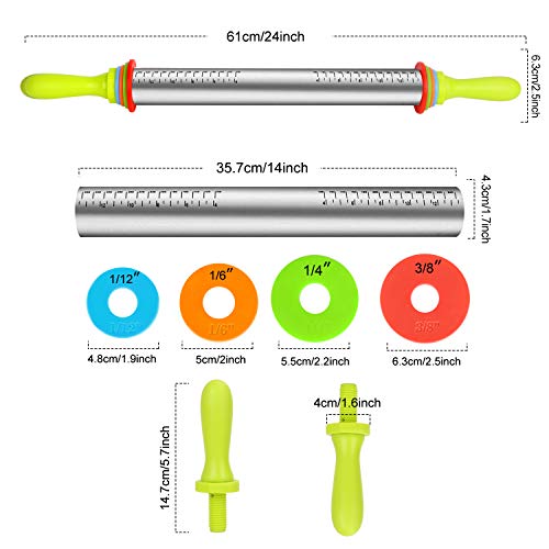 BYbrutek - Rodillo de pasta de acero inoxidable con mango, ajustable con 4 espaciadores para grosor de masa, antiadherente, sin BPA, 35 cm (35 cm, acero inoxidable con asa)