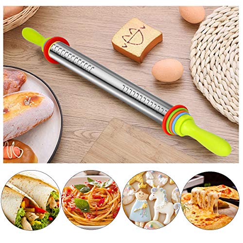 BYbrutek - Rodillo de pasta de acero inoxidable con mango, ajustable con 4 espaciadores para grosor de masa, antiadherente, sin BPA, 35 cm (35 cm, acero inoxidable con asa)