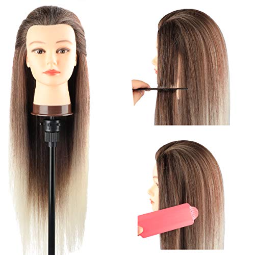 Cabeza maniquí, DanseeMeibr 66cm cabeza peluqueria Practicas Formación de la Cosmetología para trenza 100% de cabello sintéticas, cabeza de muñeca con Soporte de Mesa + Accesorios de Peinado C