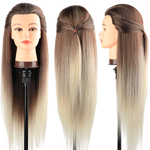 Cabeza maniquí, DanseeMeibr 66cm cabeza peluqueria Practicas Formación de la Cosmetología para trenza 100% de cabello sintéticas, cabeza de muñeca con Soporte de Mesa + Accesorios de Peinado C