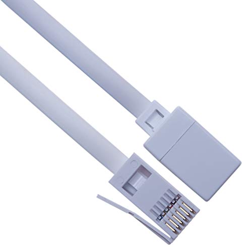 Cable de Extensión Telefónica 10m BT Plomo 6 Alambres Enchufe Macho a Enchufe Hembra para la Oficina y el Hogar Banda Ancha Compatible con Teléfono, Fax, Módem (Blanco)