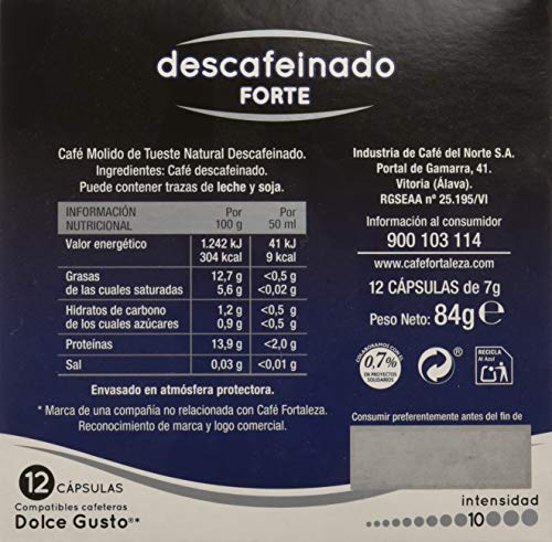 Café FORTALEZA - Cápsulas de Café Descafeinado Forte Compatibles con Dolce Gusto - Pack 3 x 12 - Total 36 cápsulas