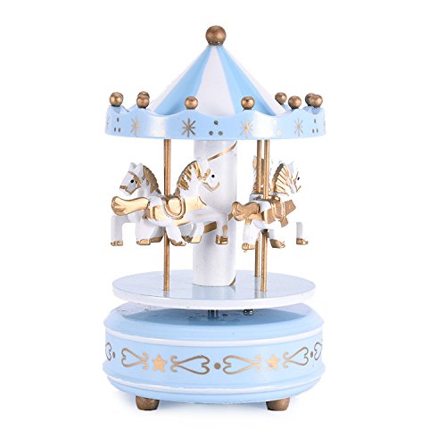 Caja de música de madera del carrusel de 4 caballos vendimia windry merrygoround juguete artware artesanía de arte tabla dacoration navidad regalo de boda de cumpleaños para niñas niños niños - azul