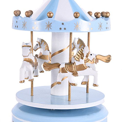 Caja de música de madera del carrusel de 4 caballos vendimia windry merrygoround juguete artware artesanía de arte tabla dacoration navidad regalo de boda de cumpleaños para niñas niños niños - azul