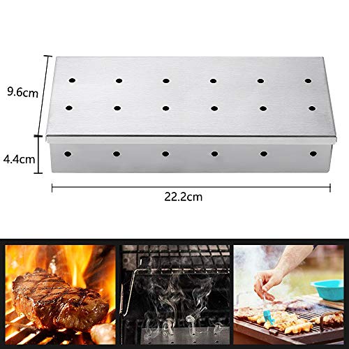 Caja para ahumar para ahumar carne, accesorios para barbacoa, añadir sabor ahumado a la parrilla de gas o a las parrillas de carbón con esta caja para ahumar de acero inoxidable, 1 cepillo