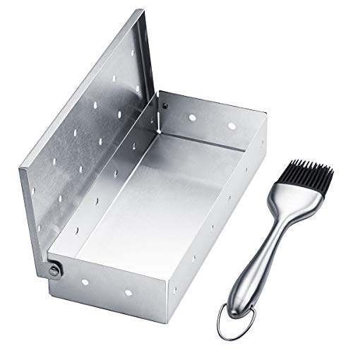 Caja para ahumar para ahumar carne, accesorios para barbacoa, añadir sabor ahumado a la parrilla de gas o a las parrillas de carbón con esta caja para ahumar de acero inoxidable, 1 cepillo