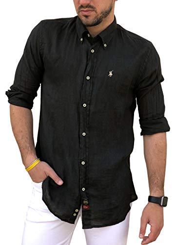 CAMICIE & DORNI Camisa de puro lino tipo S Made in Italy talla M, L, XL, XXL, 3XL Hombre Button-Down Manga Larga Art.20 Negro XL