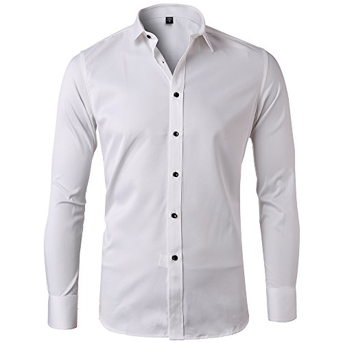 Camisa Bambú Fibra Hombre, Manga Larga, Slim Fit, Camisa Elástica Casual/Formal para Hombre, Blanco, 39 (Cuello 39CM, Pecho 100CM)