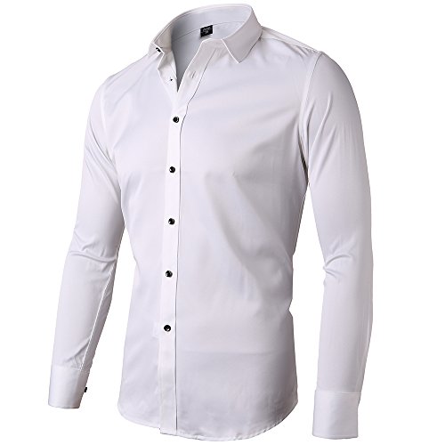 Camisa Bambú Fibra Hombre, Manga Larga, Slim Fit, Camisa Elástica Casual/Formal para Hombre, Blanco, 39 (Cuello 39CM, Pecho 100CM)