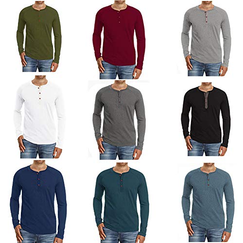 Camiseta de Manga Larga para Hombre Regular Camisa Ocio Color Sólido La Moda Blusa Superior Retro Henley Camisas 2019 Nuevo 10 Colores