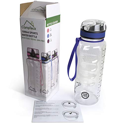 CampTeck U6972 - BPA Free Botella Agua de 1 litro (1000 ml 1l Water Bottle Deportiva Tritan - Tapa antirreflejo con Cierre a Prueba de Fugas - con Correa de Transporte - Azul - 1000 ml (1 litro)