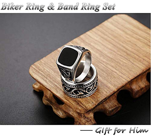 CASSIECA 3PCS Anillo de Acero Inoxidable para Hombres Mujeres Grandes Anchos Cuadrado Grabado Anillo Vintage Rock Gotico Anillos Joyeria