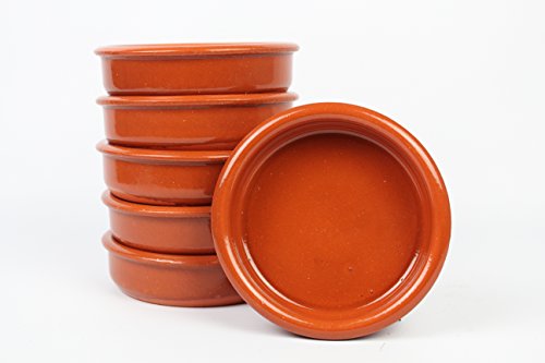 Cazuelas de barro sin asas. 14,3cm diámetro exterior x 3,2cm altura. Conjunto de 6 cazuelas. Hechas en España. Barro refractario. Medidas interiores 11,8cm