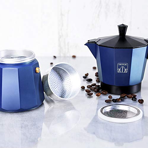 Cecotec Cafetera italiana Mimoka 300 Blue. Fabricada en Aluminio Fundido, Apta para todo tipo de cocinas, Para 3 tazas de café