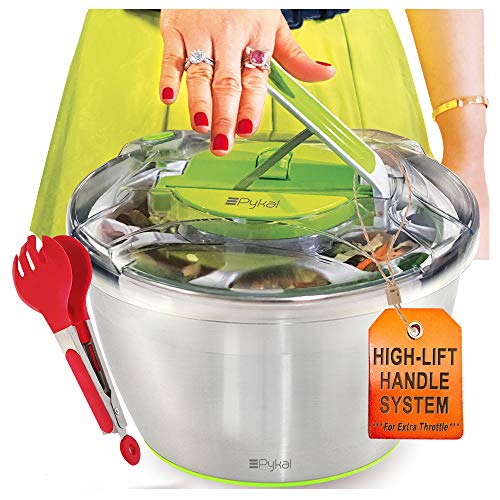 Centrifugadora para ensaladas grande de acero inoxidable - Escurridor de lechuga con tenazas GRATIS, secado rápido, base antideslizante, seguro para lavavajillas y palanca de accionamiento de PYKAL