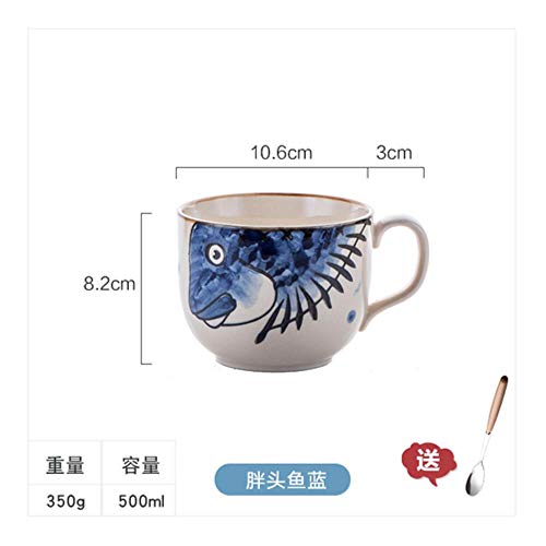 Cerámica Tazas Regalo Taza De Cerámica Linda De Gran Capacidad Con Tapa Y Cuchara Fortune Cat Familia Personalidad Pareja Taza Animal De Dibujos Animados Pescado Café Taza De Leche, Pescado Azul Gord