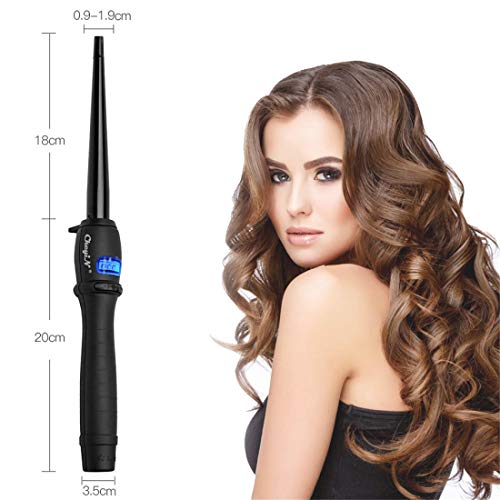 Cheyin Rizador de Pelo en Belleza Profesional Moldeador Cabello de Cerámica Turmalina con 360 °Cable Giratorio y la Pantalla LCD Cono Curling Cabello Pelo Wand Rodillos (9-19mm)+ dos Guantes