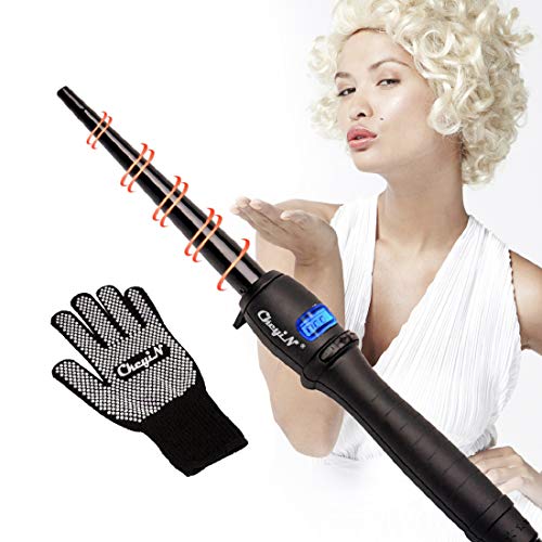 Cheyin Rizador de Pelo en Belleza Profesional Moldeador Cabello de Cerámica Turmalina con 360 °Cable Giratorio y la Pantalla LCD Cono Curling Cabello Pelo Wand Rodillos (9-19mm)+ dos Guantes