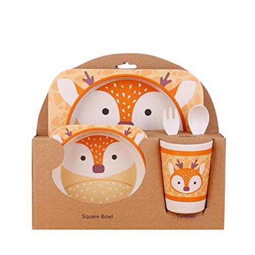 Chiatai Juego de vajilla para niños, 5 Piezas de Fibra de bambú para Cena de Dibujos Animados para niños pequeños con Plato, Cuenco, Taza, Tenedor y Cuchara - Sika Deer