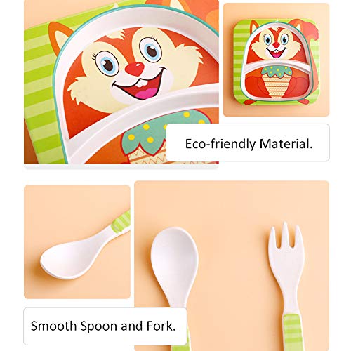 Chiatai Juego de vajilla para niños, 5 Piezas de Fibra de bambú para Cena de Dibujos Animados para niños pequeños con Plato, Cuenco, Taza, Tenedor y Cuchara - Sika Deer