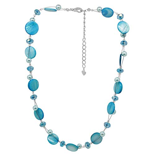 Chic-Net collar de las señoras de la cadena de escarcha turquesa brillante de cristal azul perlas de cristal madre de discos de concha de perla 42-48 cm