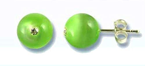 Chic-Net Pendientes Ojo de gato verde cristal vidrio purpurina plata de ley 925 irisé 6 mm