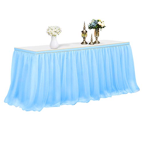 CHIGER Falda de mesa de tul de gama alta de malla dorada mullida tutú para fiesta, boda, fiesta de cumpleaños y decoración del hogar (15,8 x 2,5 cm), color azul