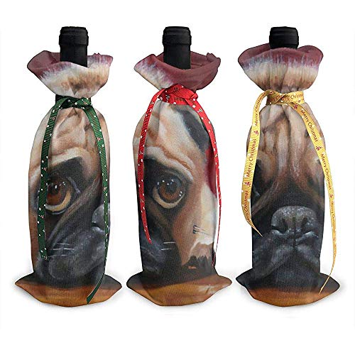 Christmas Wine Bottle Cover,Cabeza Inclinada Pug Abatido Lindo Y Feo 3Pcs Bolsas De Tapa De Botella De Vino De Navidad Para Decoración De Año Nuevo