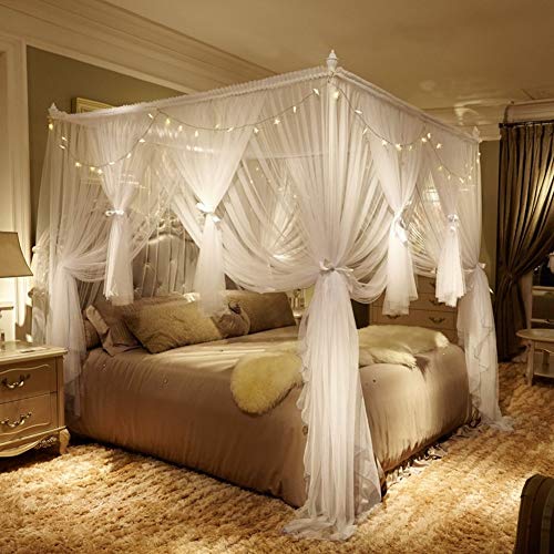 Cifrado Mosquitera De Pie Con Marco De Cama De Cuatro Esquinas, 3 Aberturas Cama Princesa Dosel Con Soporte De Acero Inoxidable Y Luces-blanco 150x200cm(59x79inch)