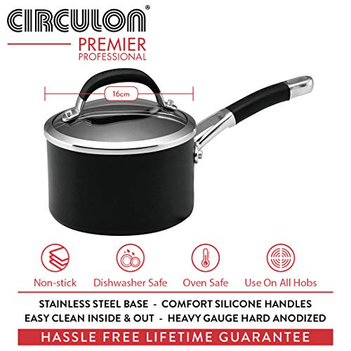 Circulon Premier-Cacerola Profesional sin complicaciones (16 cm, Antiadherente, Tapa de Cristal, Aluminio anodizado Duro, Apto para inducción, Horno y lavavajillas, Negro