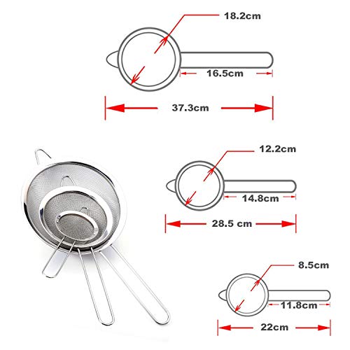 CJCX 3 Piezas Malla Fina Coladores Acero Inoxidable con Manija para Alimentos, Fideos y Vegetales, Medidas 8cm, 12cm, 18cm