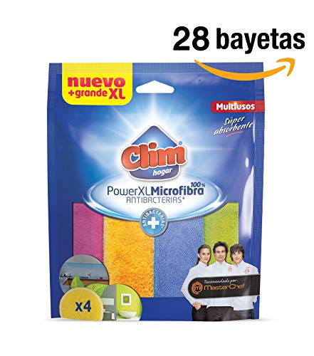 Clim Hogar Masterchef. Bayeta Multiusos 100% Microfibra con Tratamiento antibacterias y limón. Limpia y Seca sin rayar. Caja con 28 bayetas en Packs de 4 uds