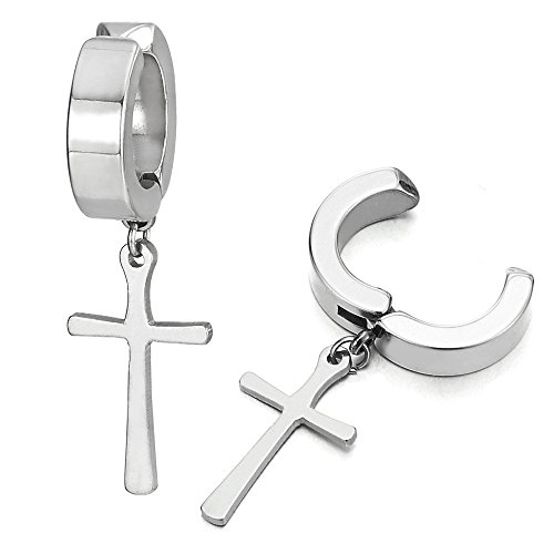 Clip de Oreja, Clip-on Pendientes del Aro con la Cruz, Pendientes para Hombres Mujer, Acero Inoxidable