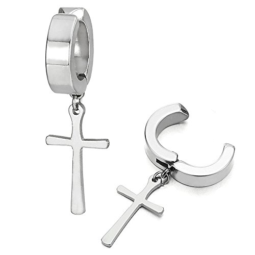 Clip de Oreja, Clip-on Pendientes del Aro con la Cruz, Pendientes para Hombres Mujer, Acero Inoxidable