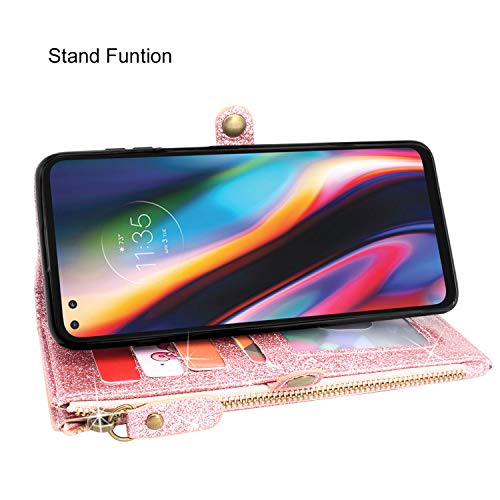 CMID Funda Moto G 5G Plus, Carcasa PU Cuero Libro Cremallera Billetera Tapa con Soporte, Ranura para Tarjetas, Correa de Mano para Motorola Moto G 5G Plus (Cremallera Brillo Oro Rosa)