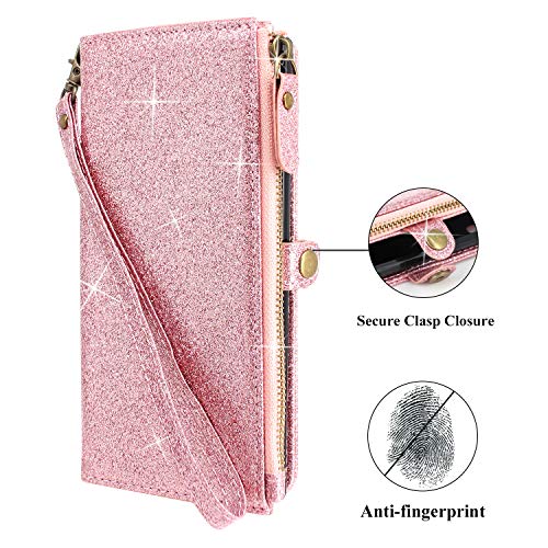 CMID Funda Moto G 5G Plus, Carcasa PU Cuero Libro Cremallera Billetera Tapa con Soporte, Ranura para Tarjetas, Correa de Mano para Motorola Moto G 5G Plus (Cremallera Brillo Oro Rosa)