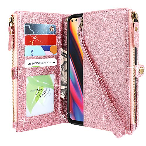 CMID Funda Moto G 5G Plus, Carcasa PU Cuero Libro Cremallera Billetera Tapa con Soporte, Ranura para Tarjetas, Correa de Mano para Motorola Moto G 5G Plus (Cremallera Brillo Oro Rosa)