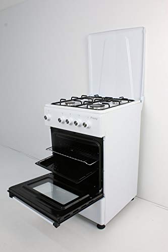 Cocina 50 cm de ancho con horno PROXY, color blanco, 4 fuegos y horno con grill a gas (butano o natural).