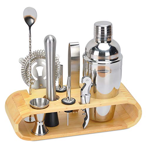 Cocktail Shaker Set, Songway Set de 10 piezas para hacer cócteles Juego de herramientas de barra de acero inoxidable Kit de barman con soporte de madera para principiantes o profesionales